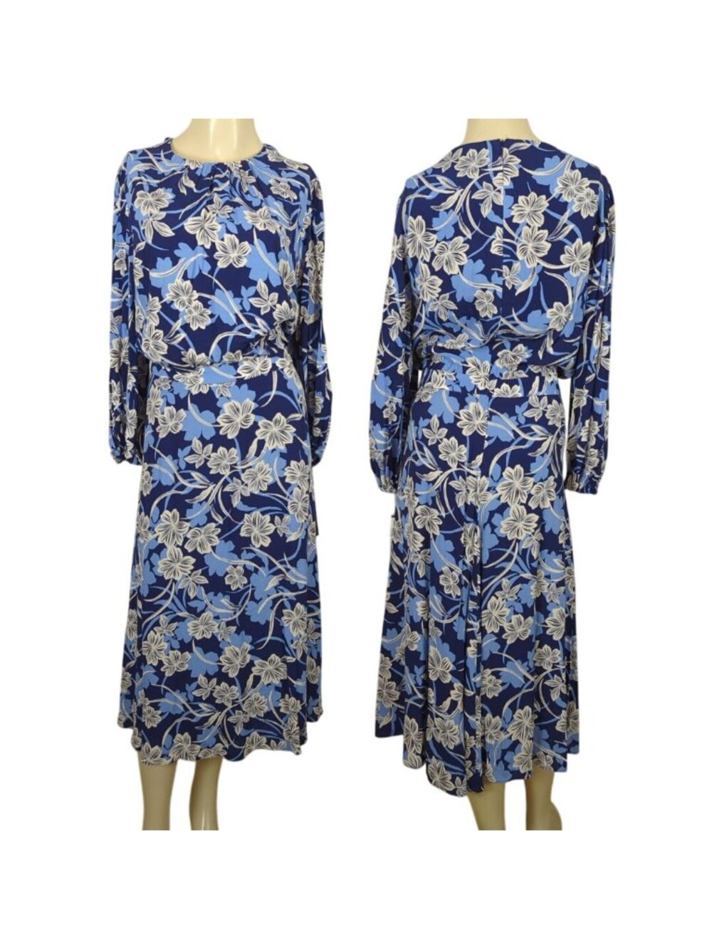 Maggy London Blue & White Floral Flock Bloused Bodice A line Print Midi Dress 16